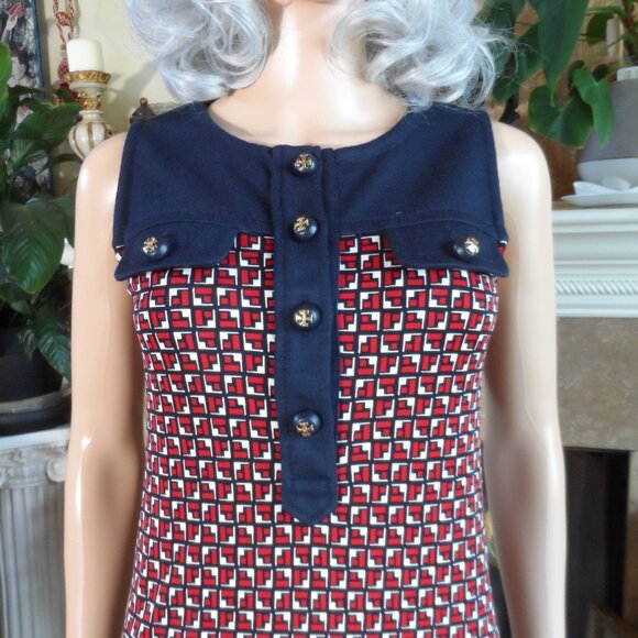Tory Burch Silk/Wool Navy Blue/Red/White Print Sheath Dress Size XS - Picture 6 of 16